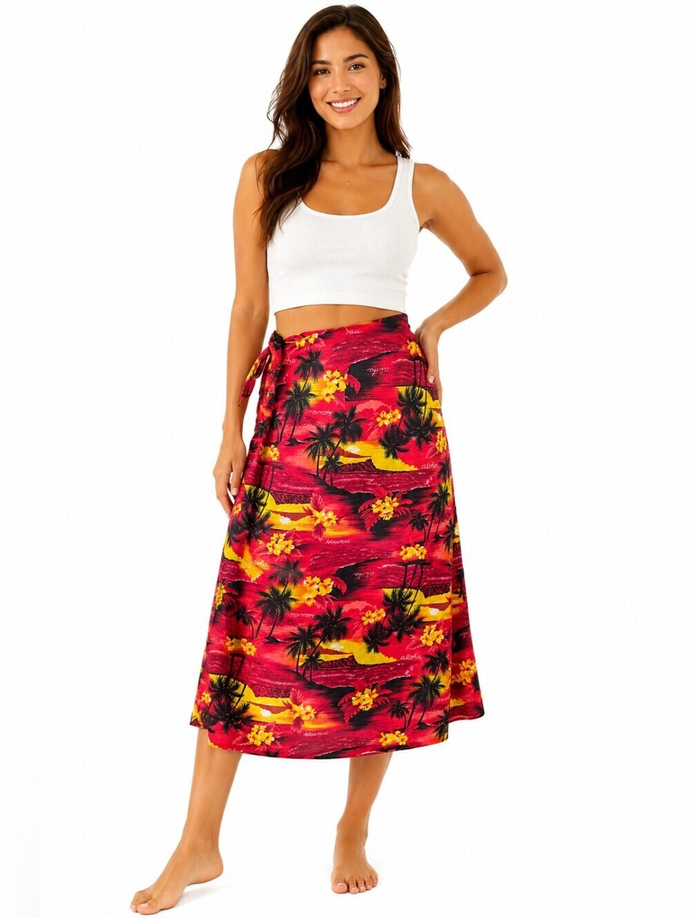 Vintage Royal Creations Hawaii Tropical Wrap Skirt Red Hawaiian Midi Aloha